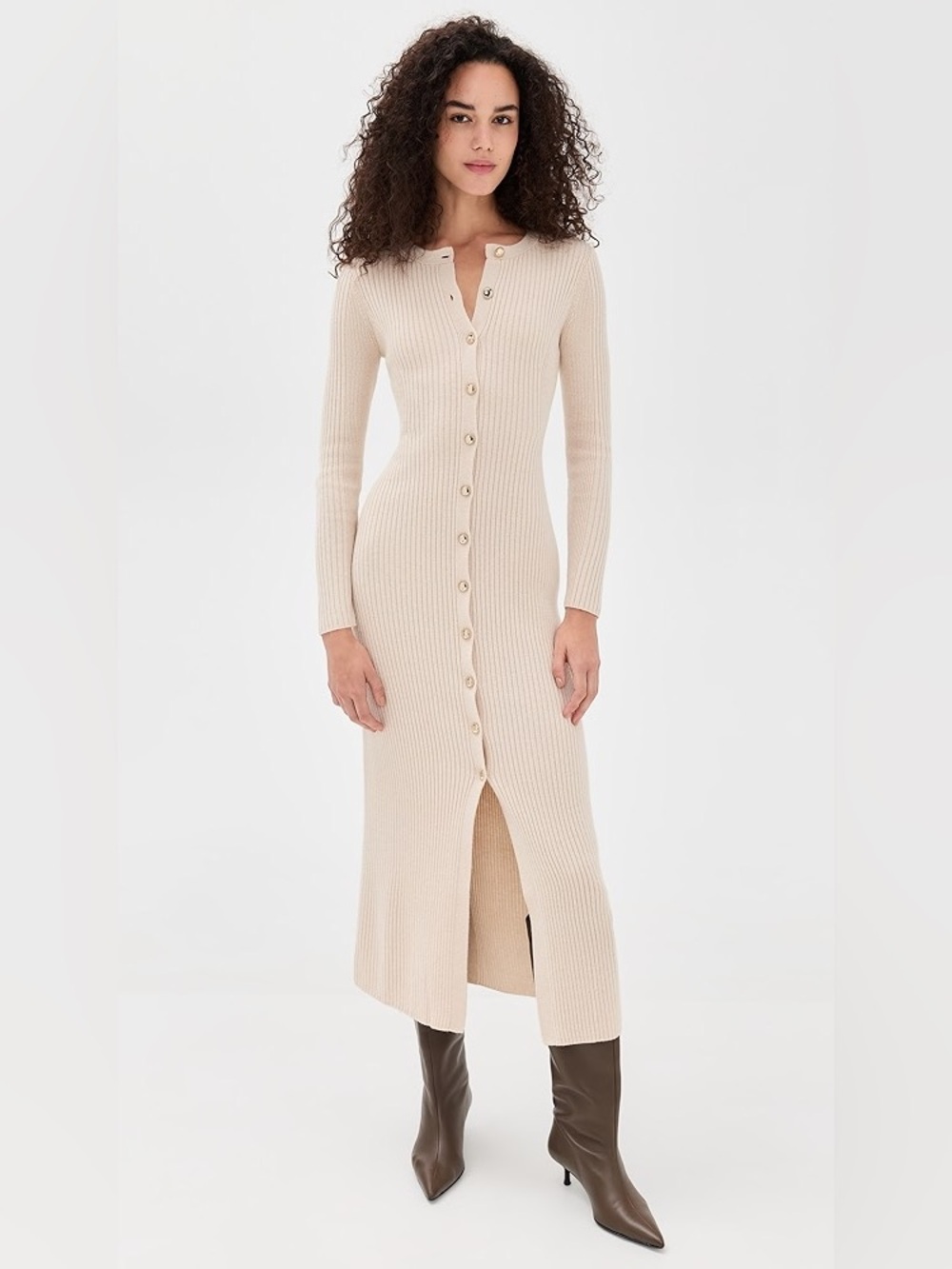 H&M Beige Ribbed Long Sleeve Button Up Midi Dress Women’s Size Medium NWOT